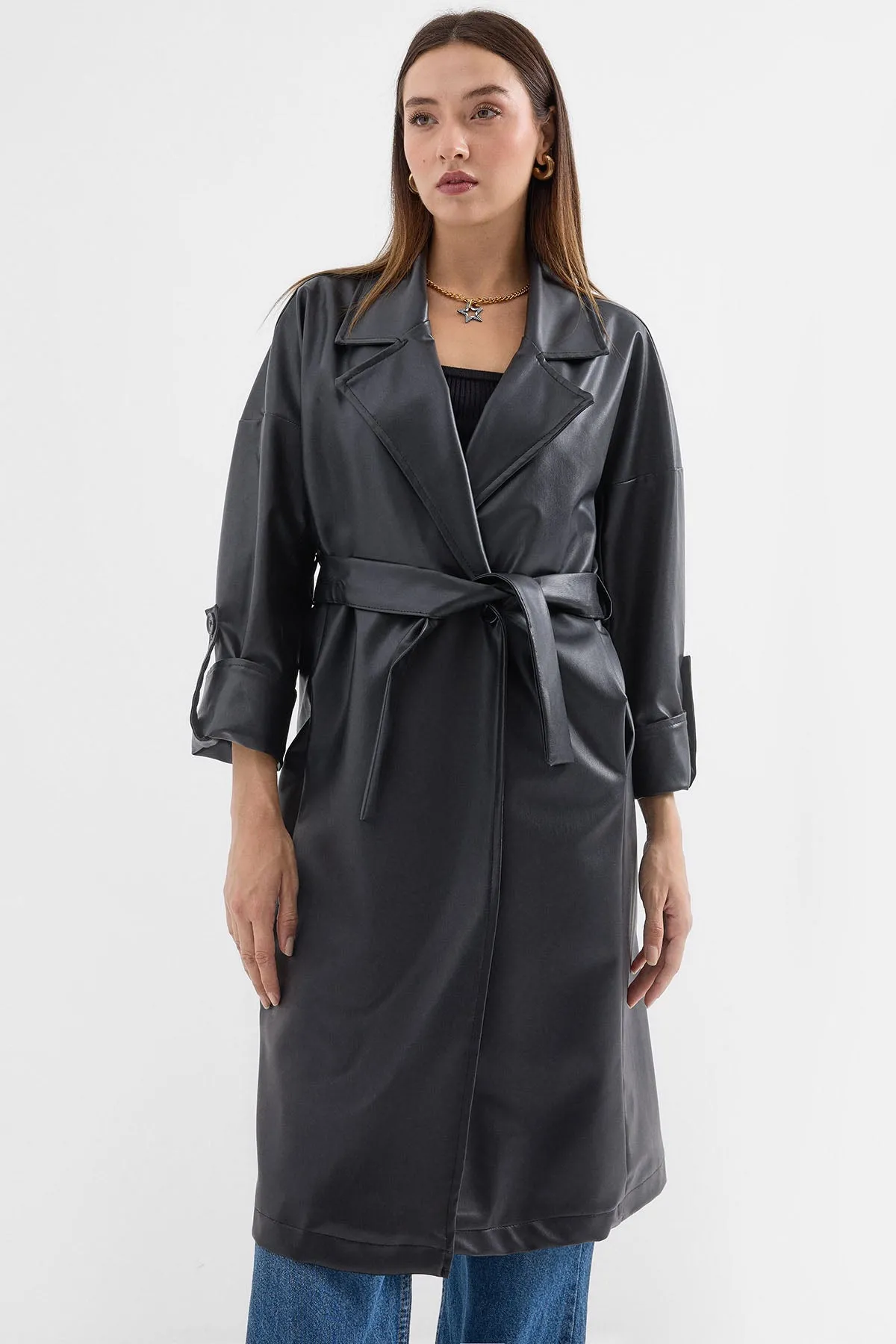 BGD Women Belted Faux Leather Trench Coat - Black - Avondale