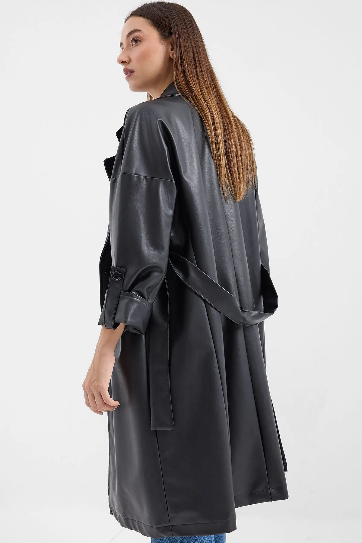 BGD Women Belted Faux Leather Trench Coat - Black - Avondale