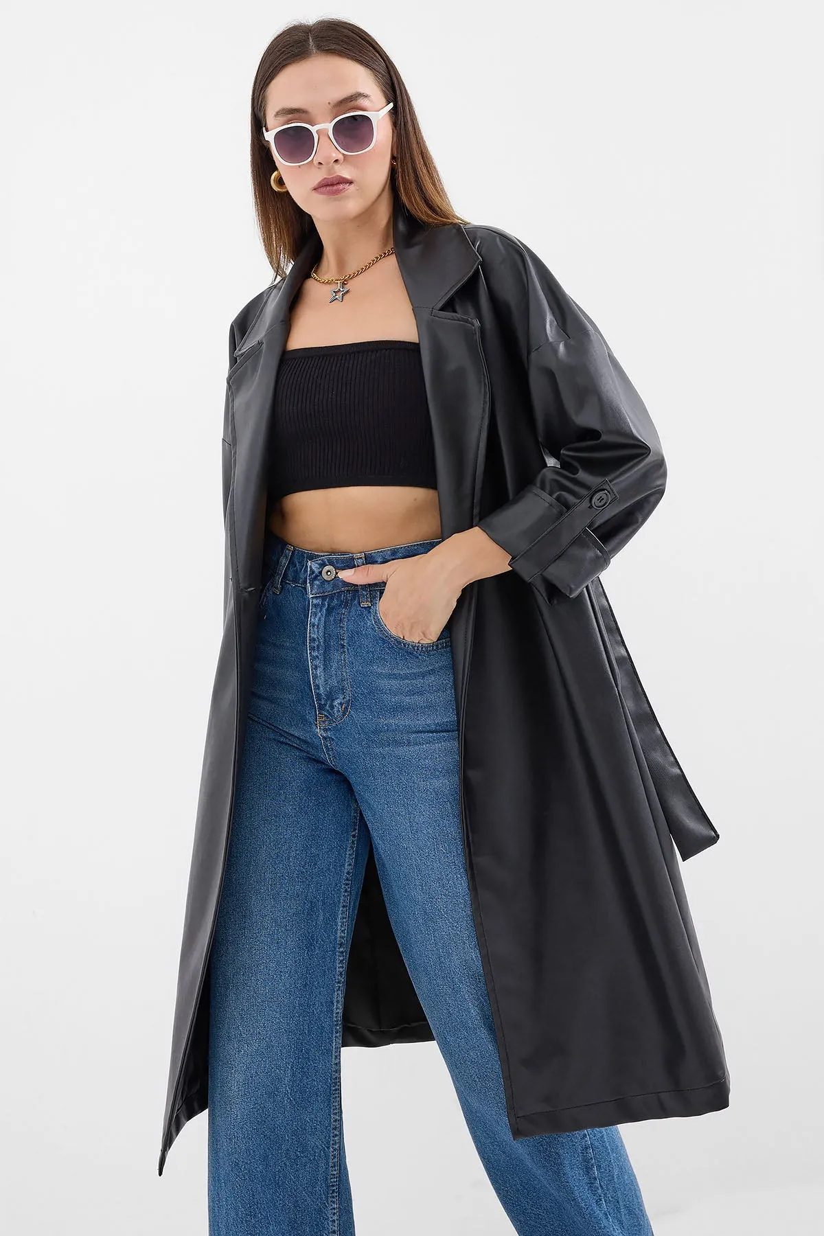 BGD Women Belted Faux Leather Trench Coat - Black - Avondale