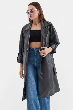 BGD Women Belted Faux Leather Trench Coat - Black - Avondale