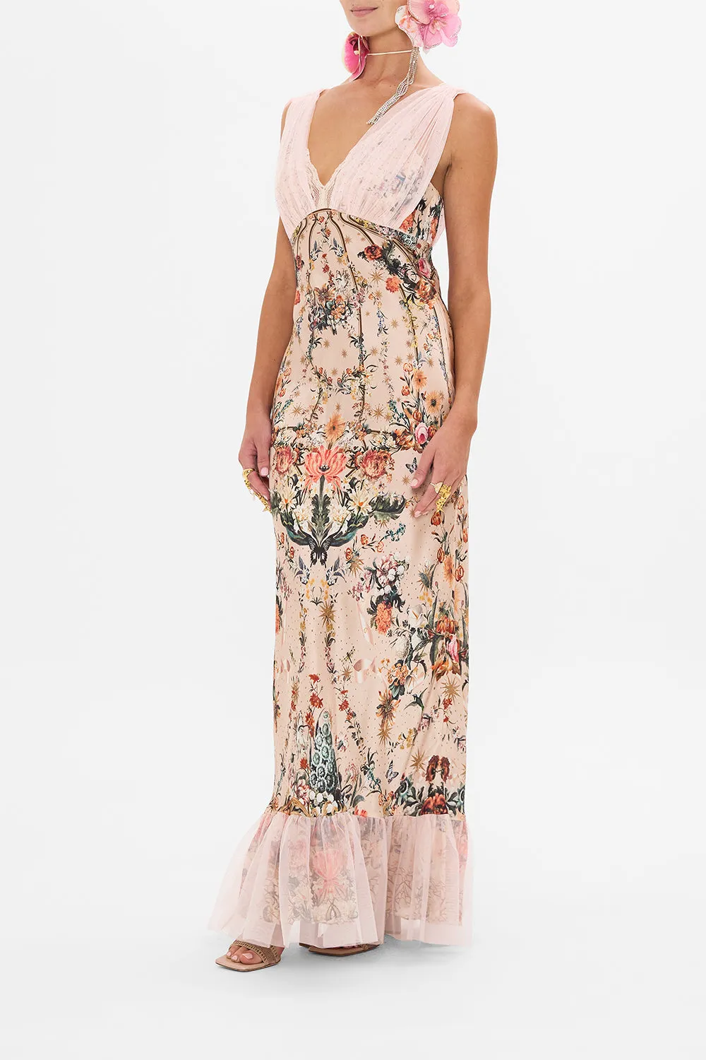 BIAS DRESS WITH MESH OVERLAY ROSE GARDEN REVOLUTION