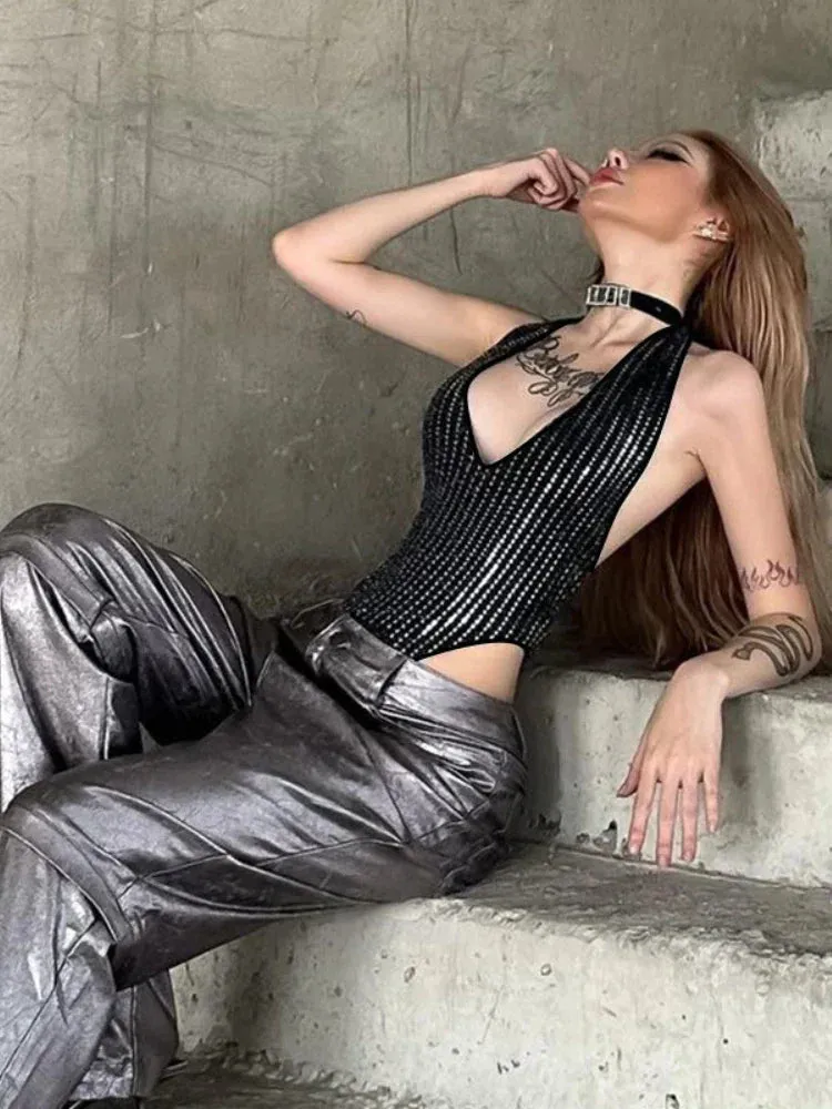 Black Halter Backless Sleeveless Bodysuit