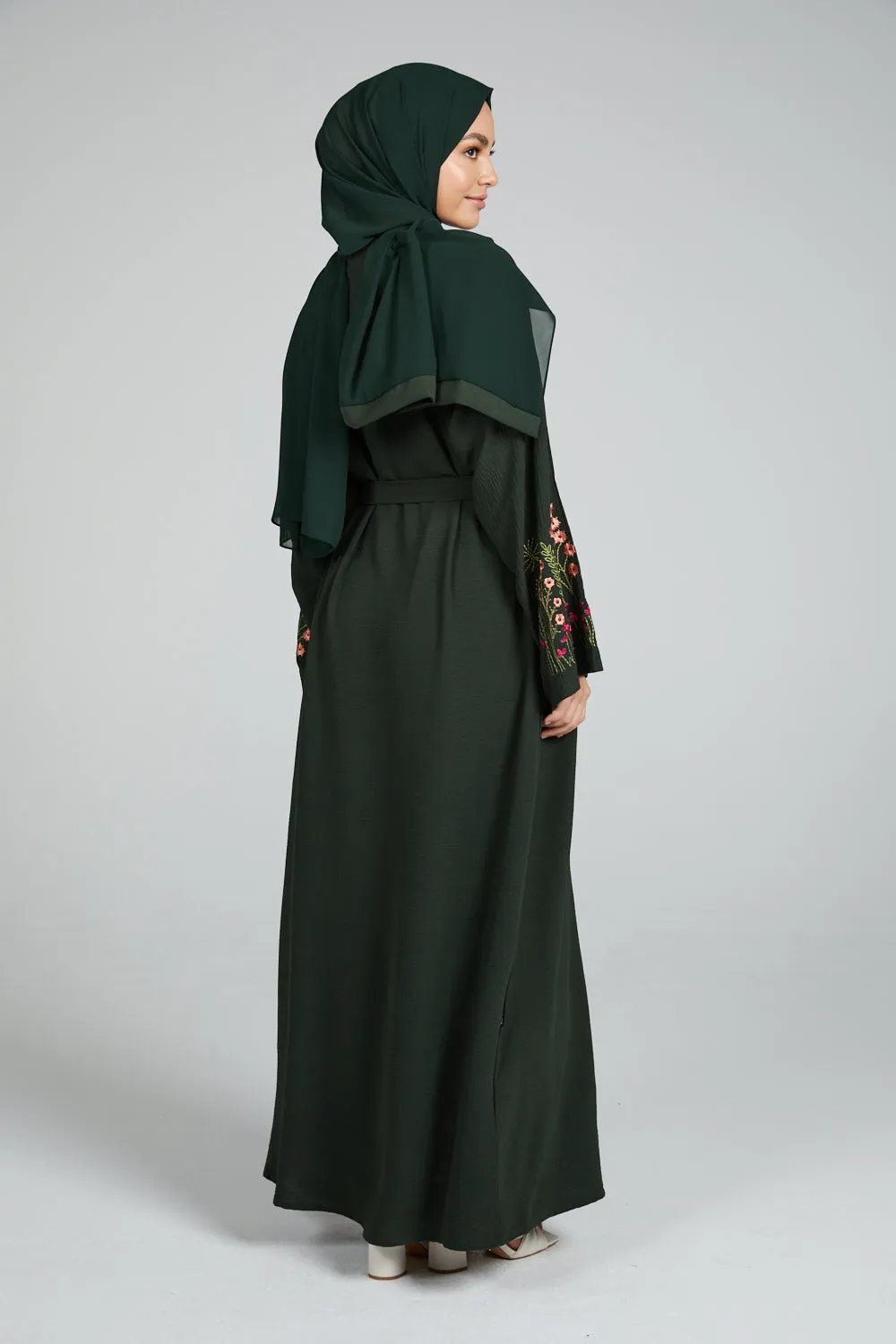 Blooming Embroidered Four Piece Open Abaya Set - Forest Green