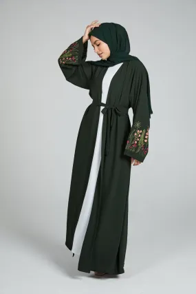 Blooming Embroidered Four Piece Open Abaya Set - Forest Green