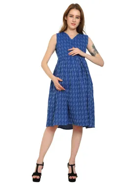 Blue Fit and Flare Cotton Maternity and Feeding Dress