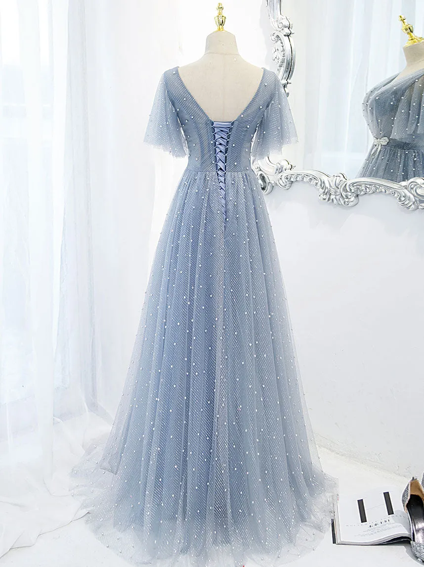 Blue V Neck Tulle Beads Long Prom Dress, Blue Tulle Formal Dress