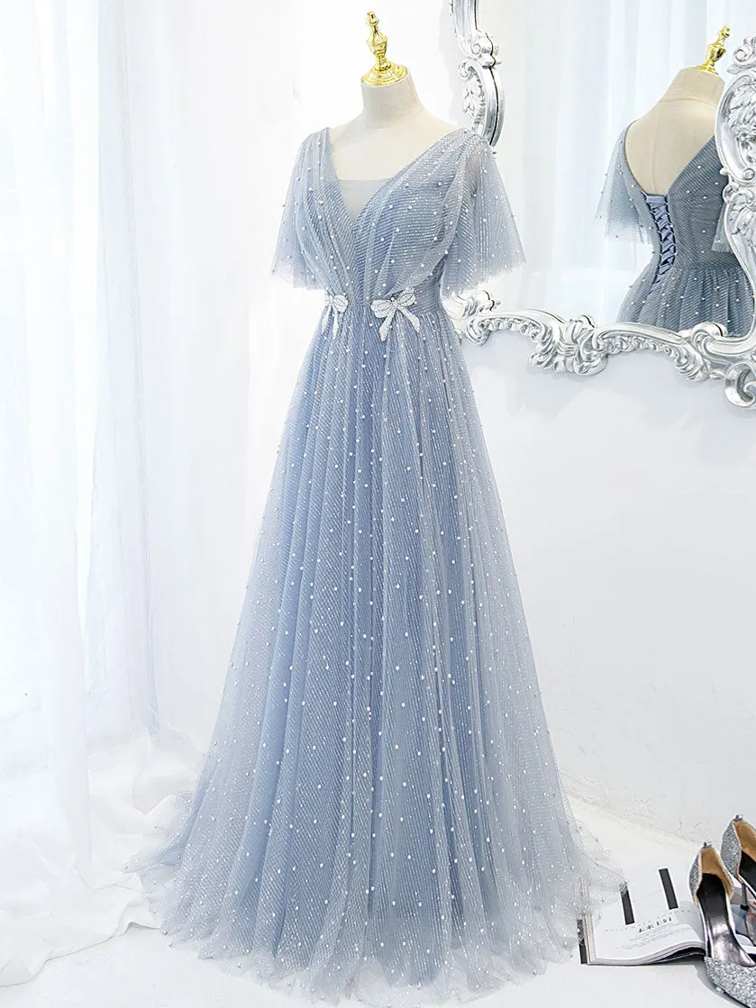 Blue V Neck Tulle Beads Long Prom Dress, Blue Tulle Formal Dress