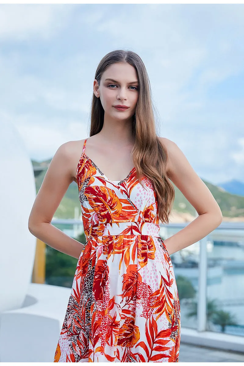 Bohemian Printed V neck Split Backless Vacation Dress