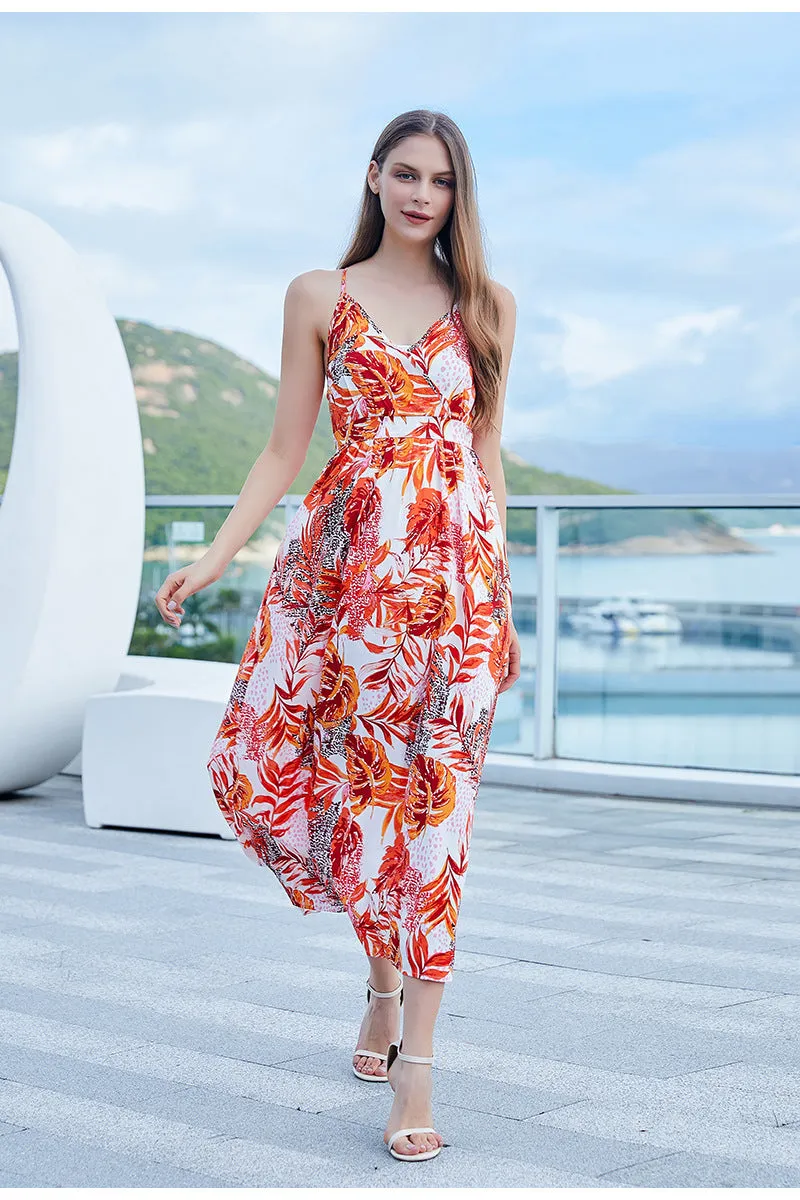 Bohemian Printed V neck Split Backless Vacation Dress