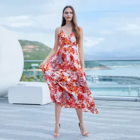 Bohemian Printed V neck Split Backless Vacation Dress