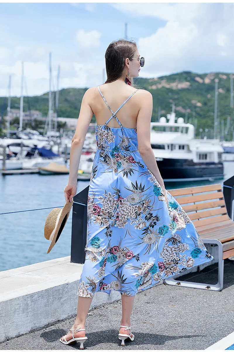 Bohemian Printed V neck Split Backless Vacation Dress