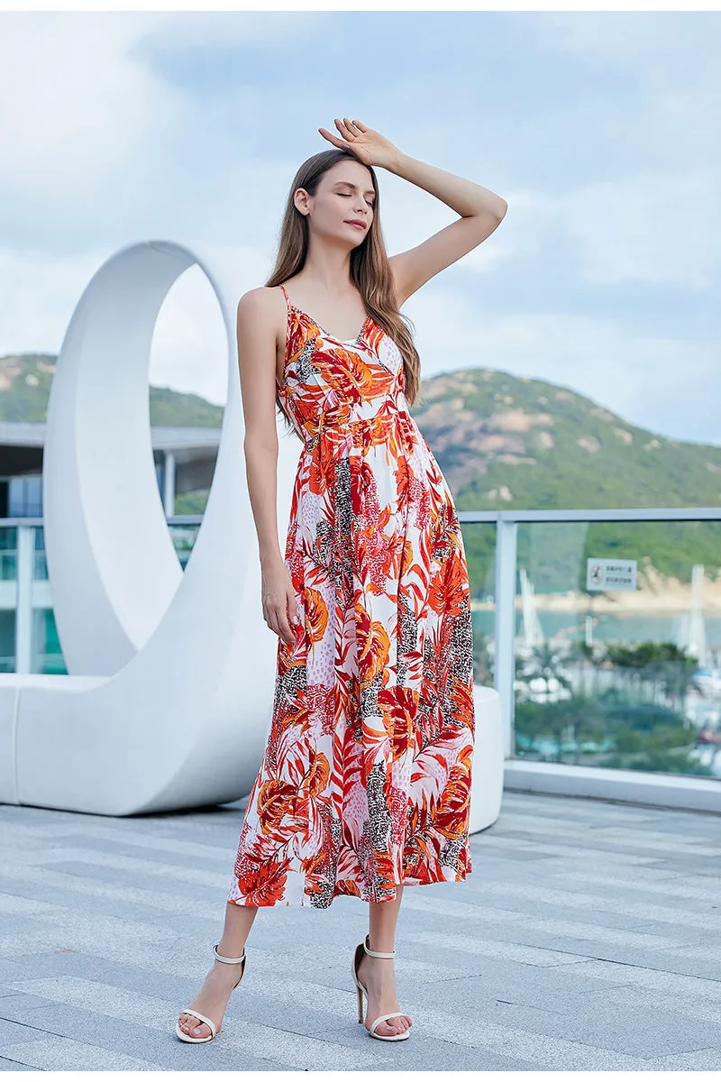 Bohemian Printed V neck Split Backless Vacation Dress