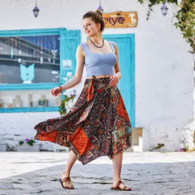 Brown Print Asymmetrical Hem Flowy Midi Skirt
