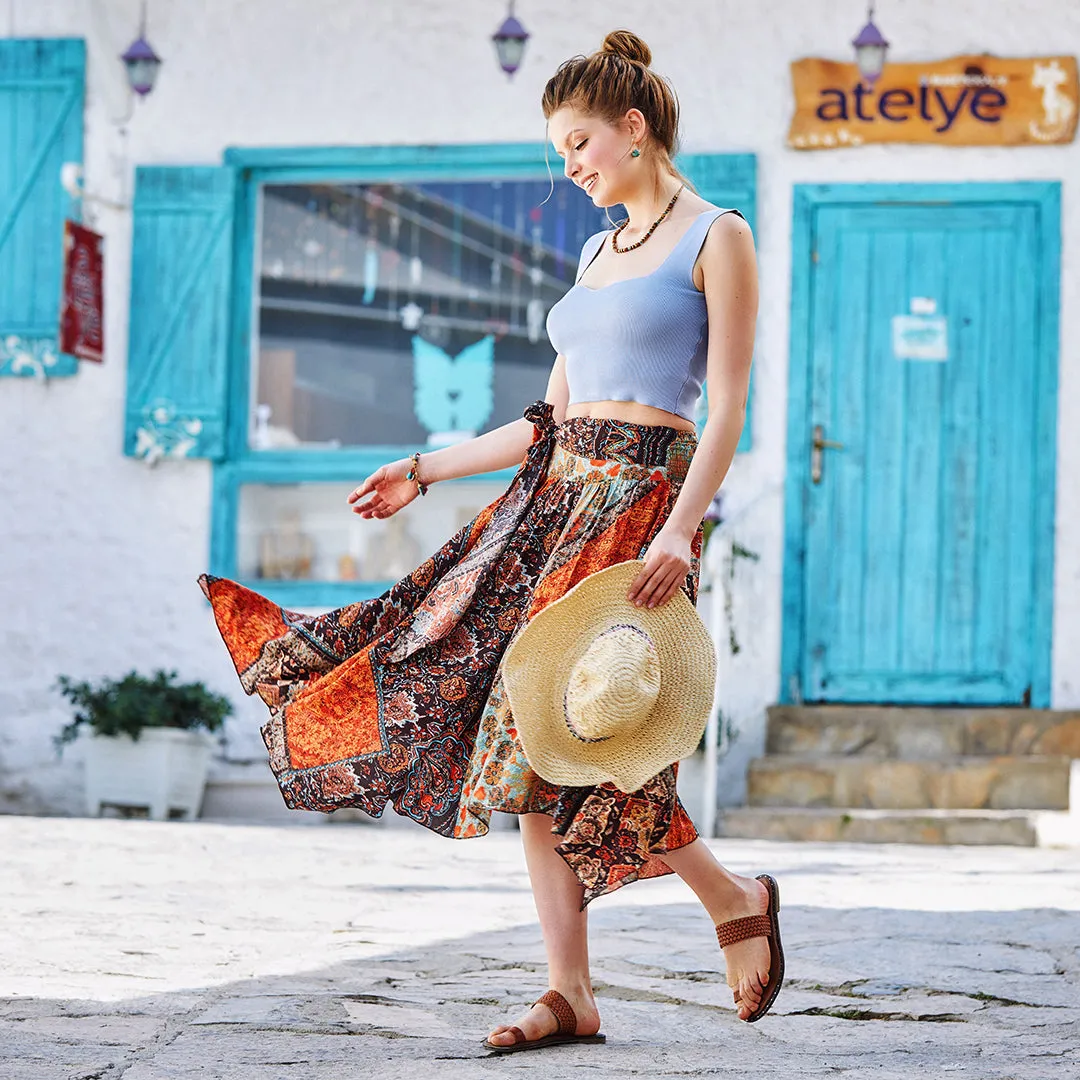 Brown Print Asymmetrical Hem Flowy Midi Skirt
