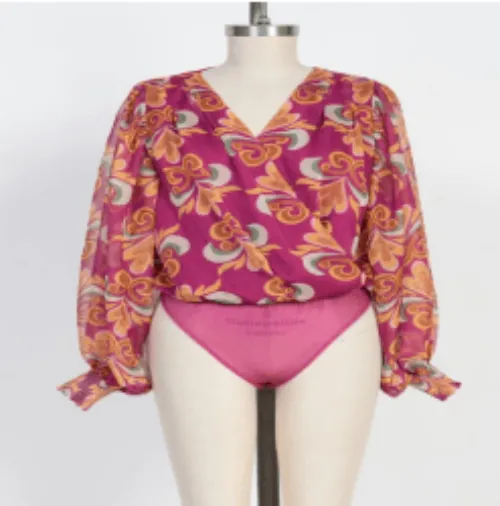 chiffon surplice print bodysuit
