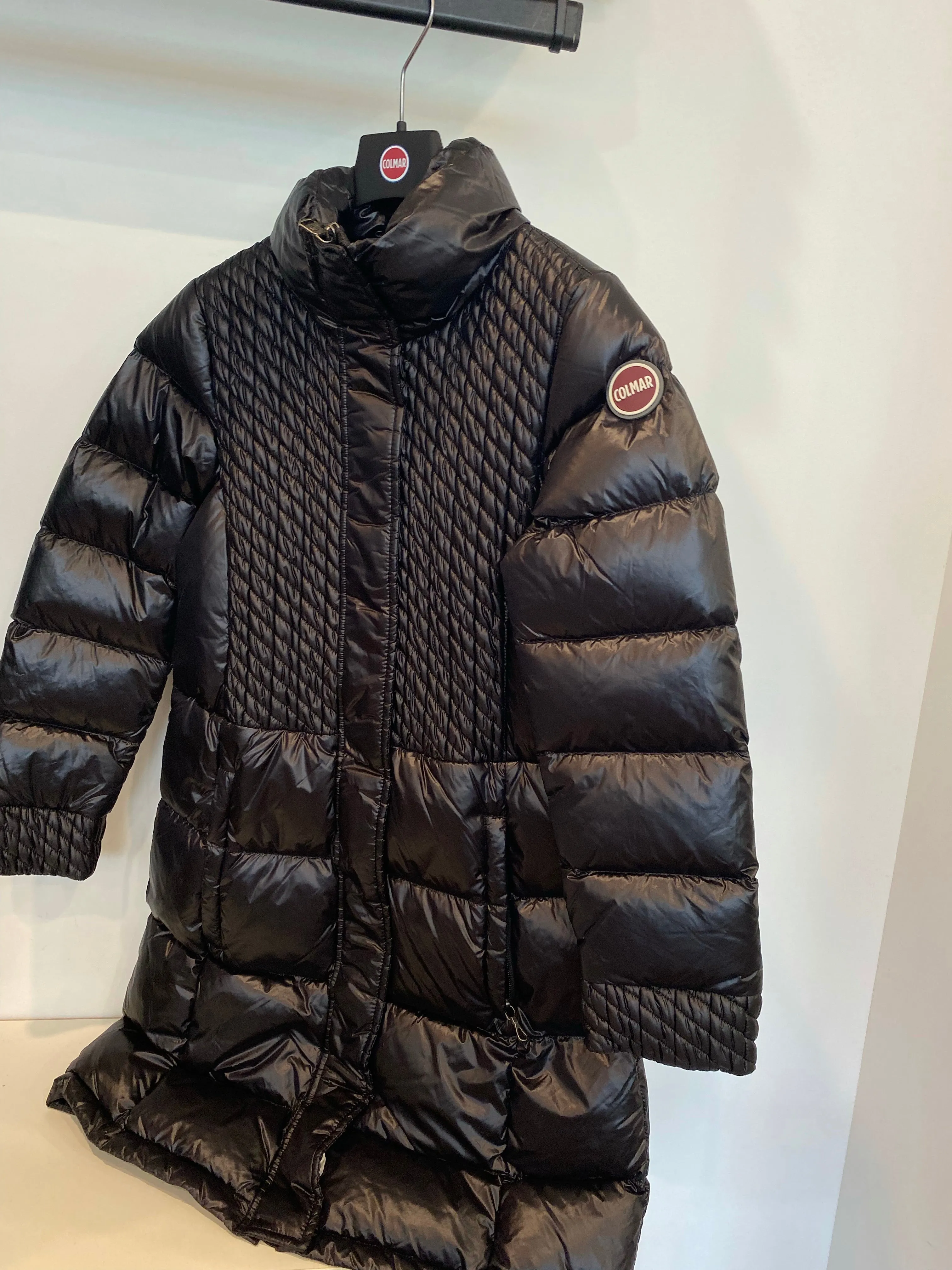 Colmar Long Black Coat with Crochet Braid