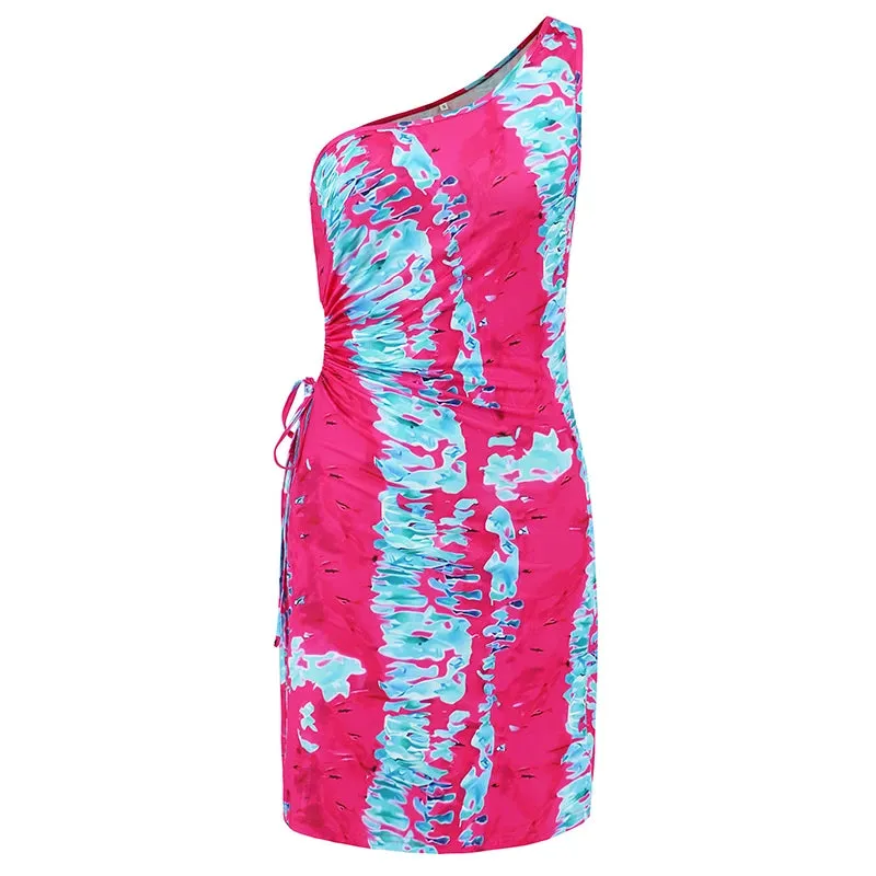 Colorful Dresses - Drawstring Tie Dye - Off Shoulder