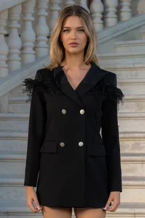 Contrast Blazer with Lace Detailing - Black
