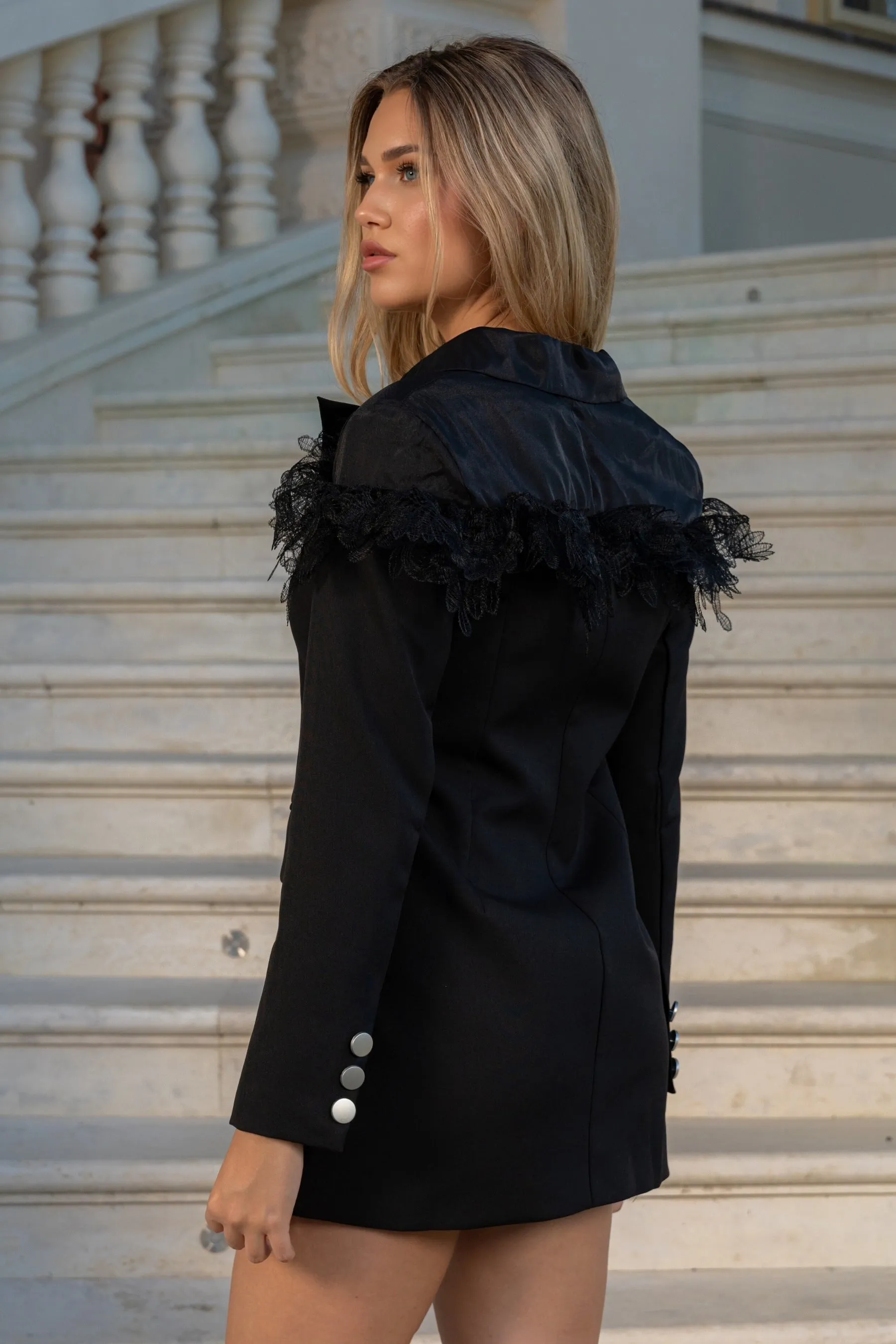 Contrast Blazer with Lace Detailing - Black
