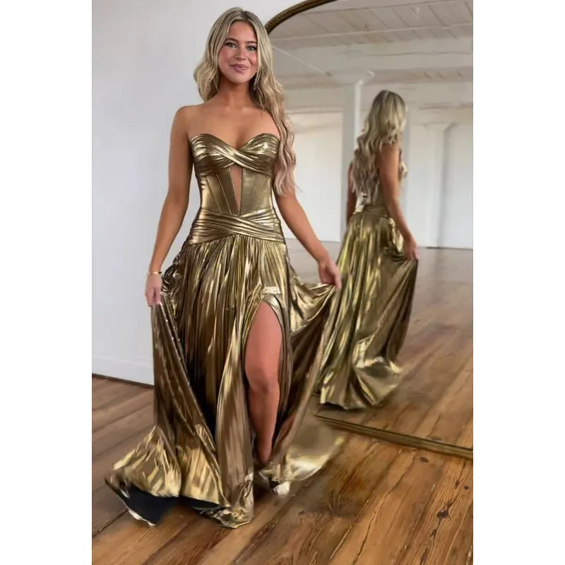 Couture & Ornate Off-Shoulder A-line Sleeveless Side Slit Party Prom Dress