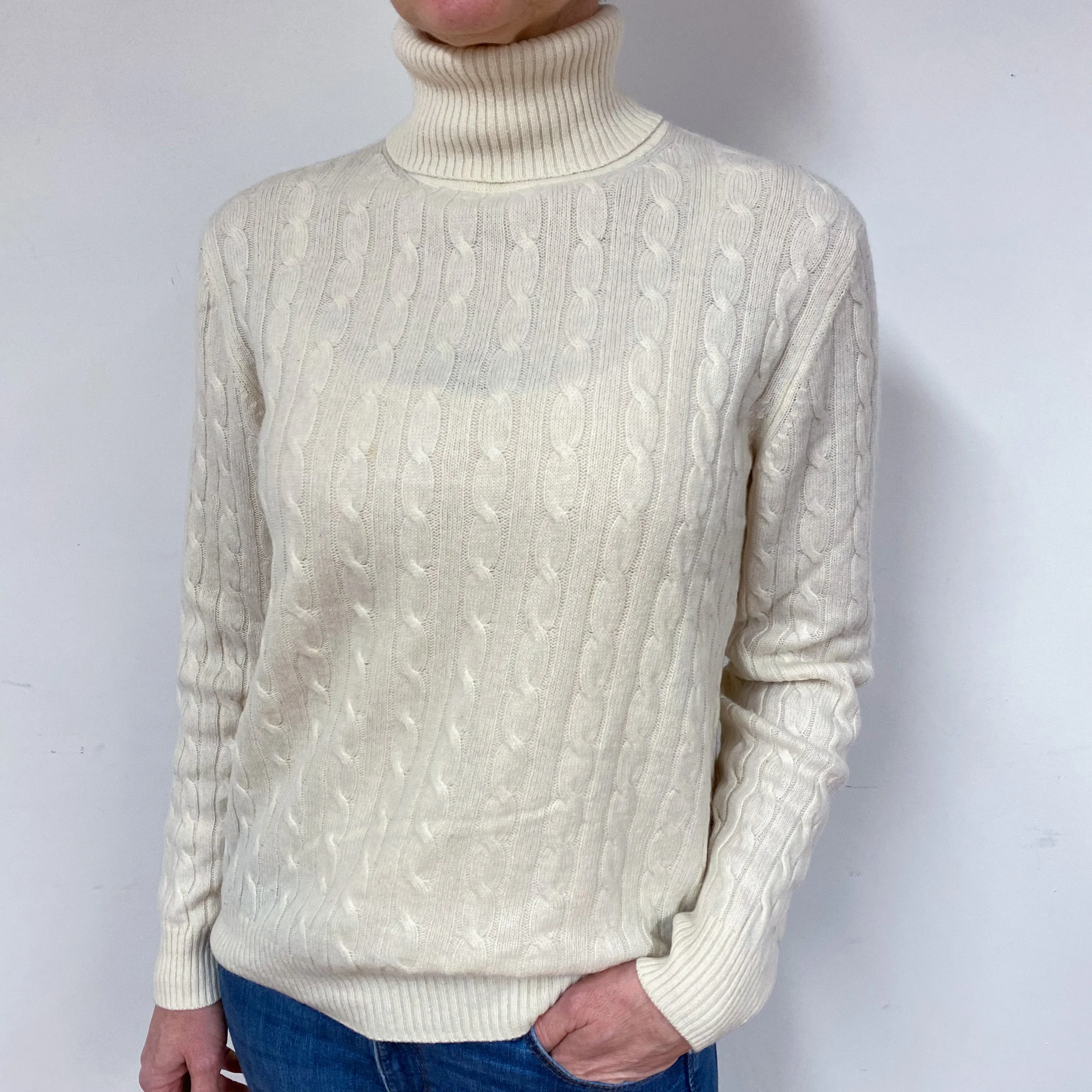 Cream Cable Cashmere Polo Neck Jumper Medium