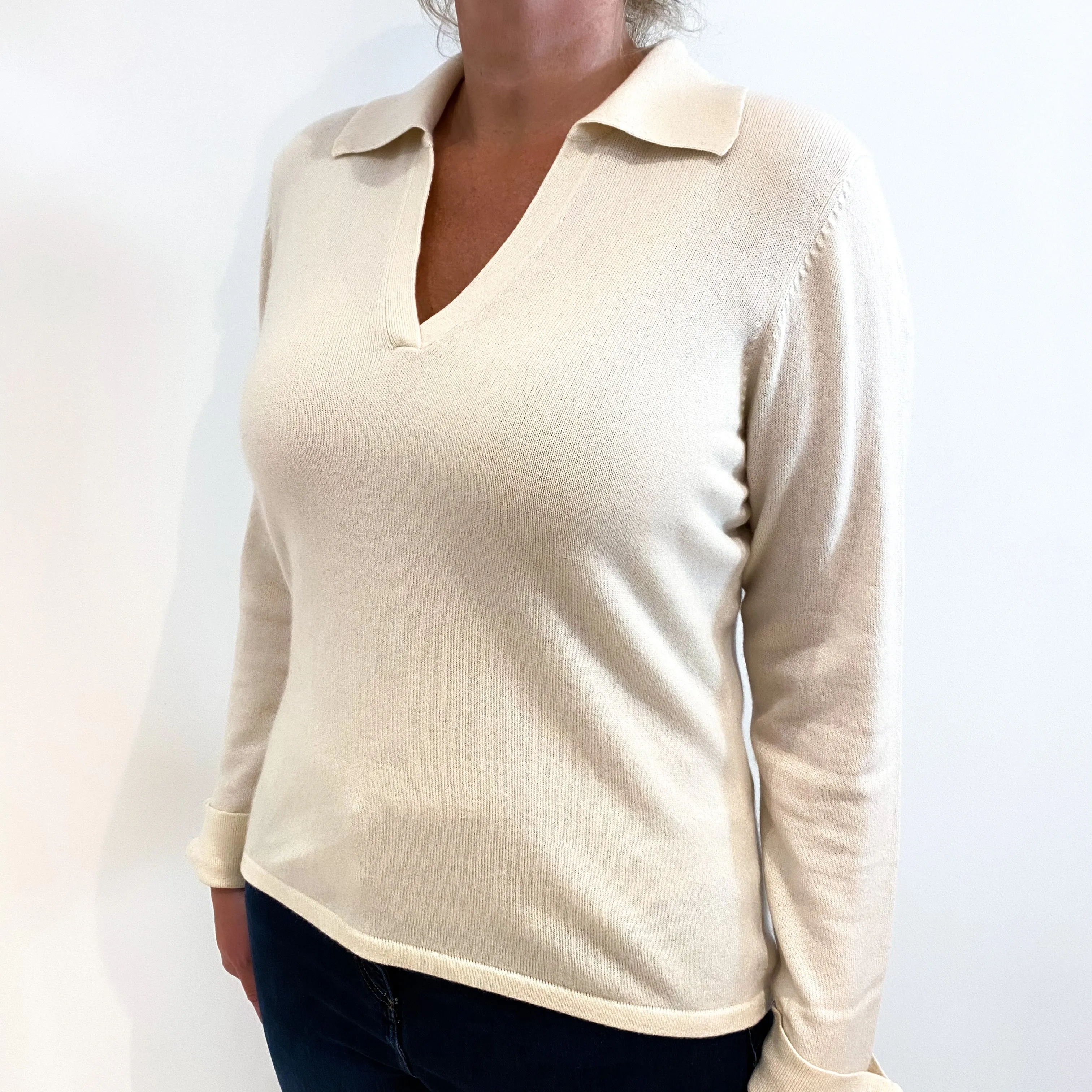 Cream Collared Cashmere V-Neck Jumper Large