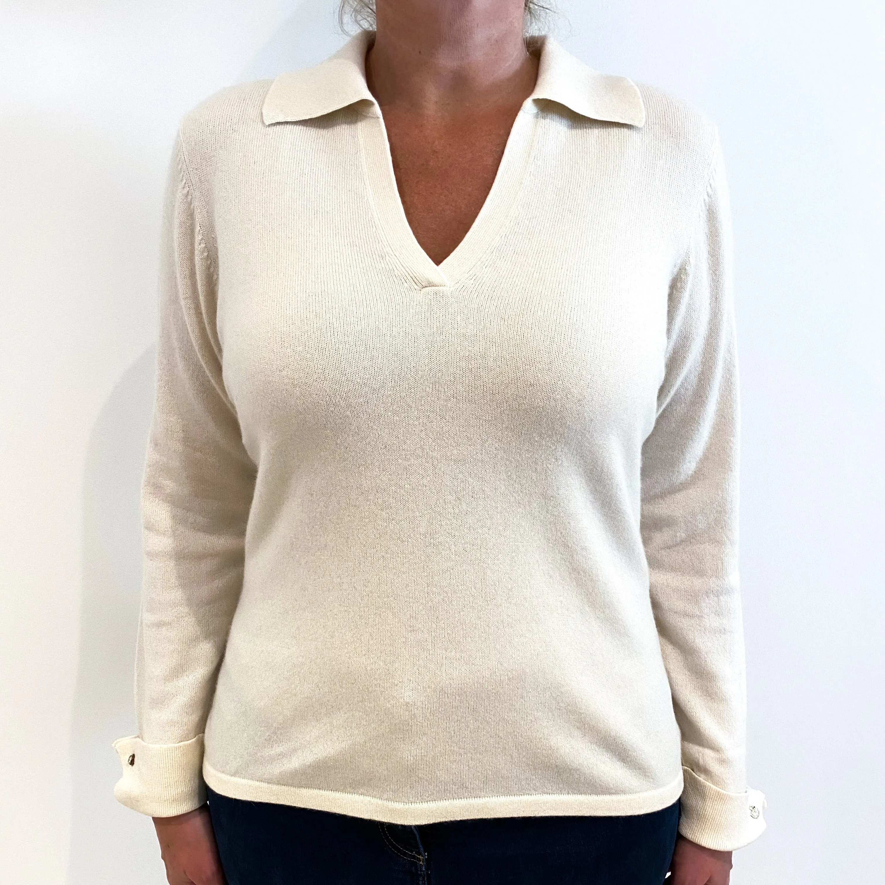 Cream Collared Cashmere V-Neck Jumper Large