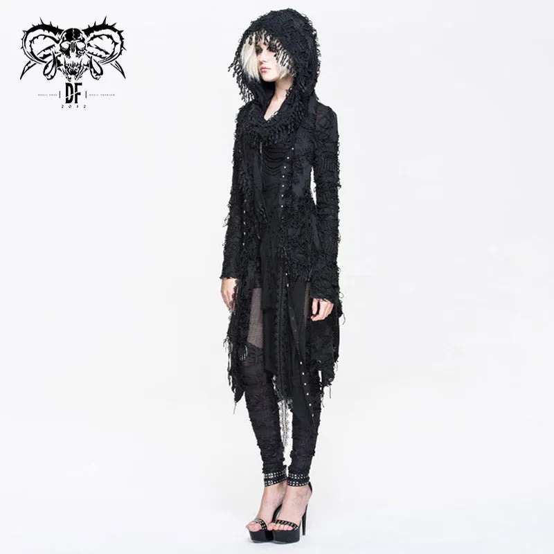 CT037 darkness ragged horn sleeve women punk long coat with cap and scarf