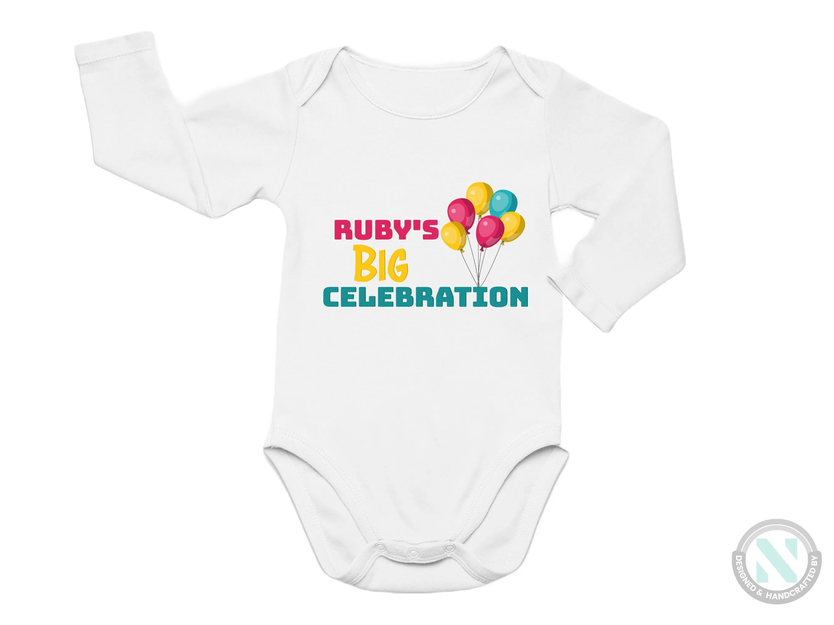 Custom Name Baby Grow with "Big Celebration", Gift for 1st Birthday and Christmas