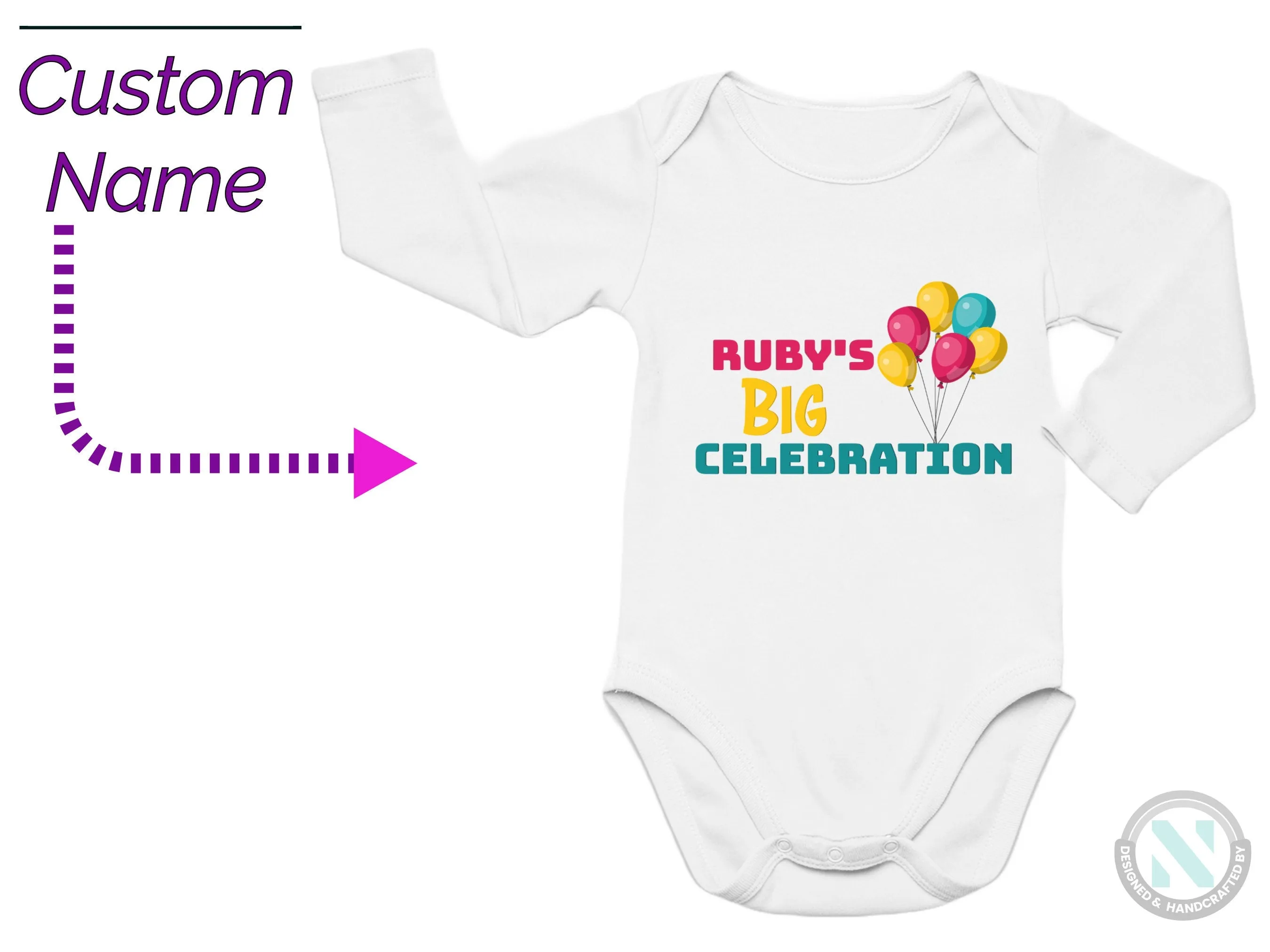 Custom Name Baby Grow with "Big Celebration", Gift for 1st Birthday and Christmas