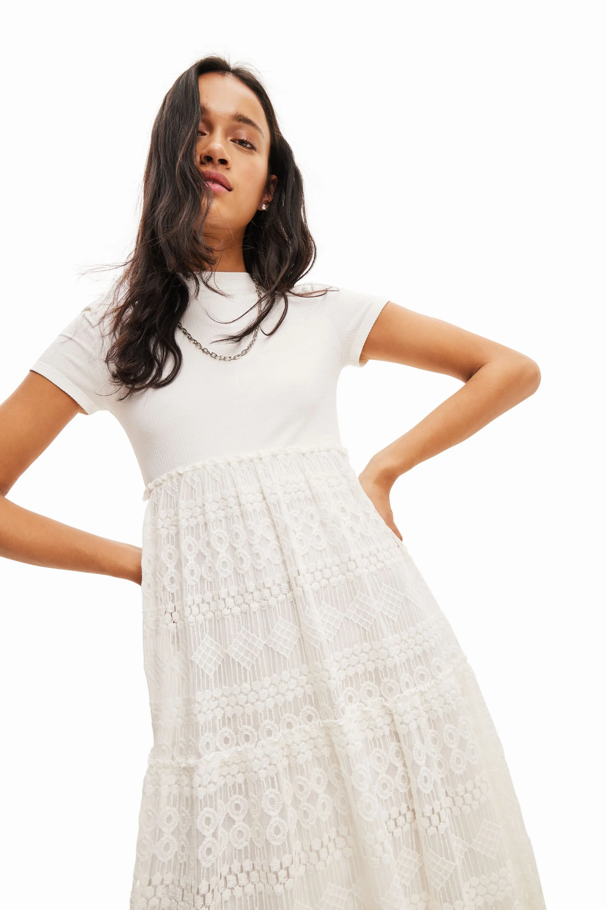 Desigual Darling White Maxi Dress with Lace Skirt 23WWVKA8