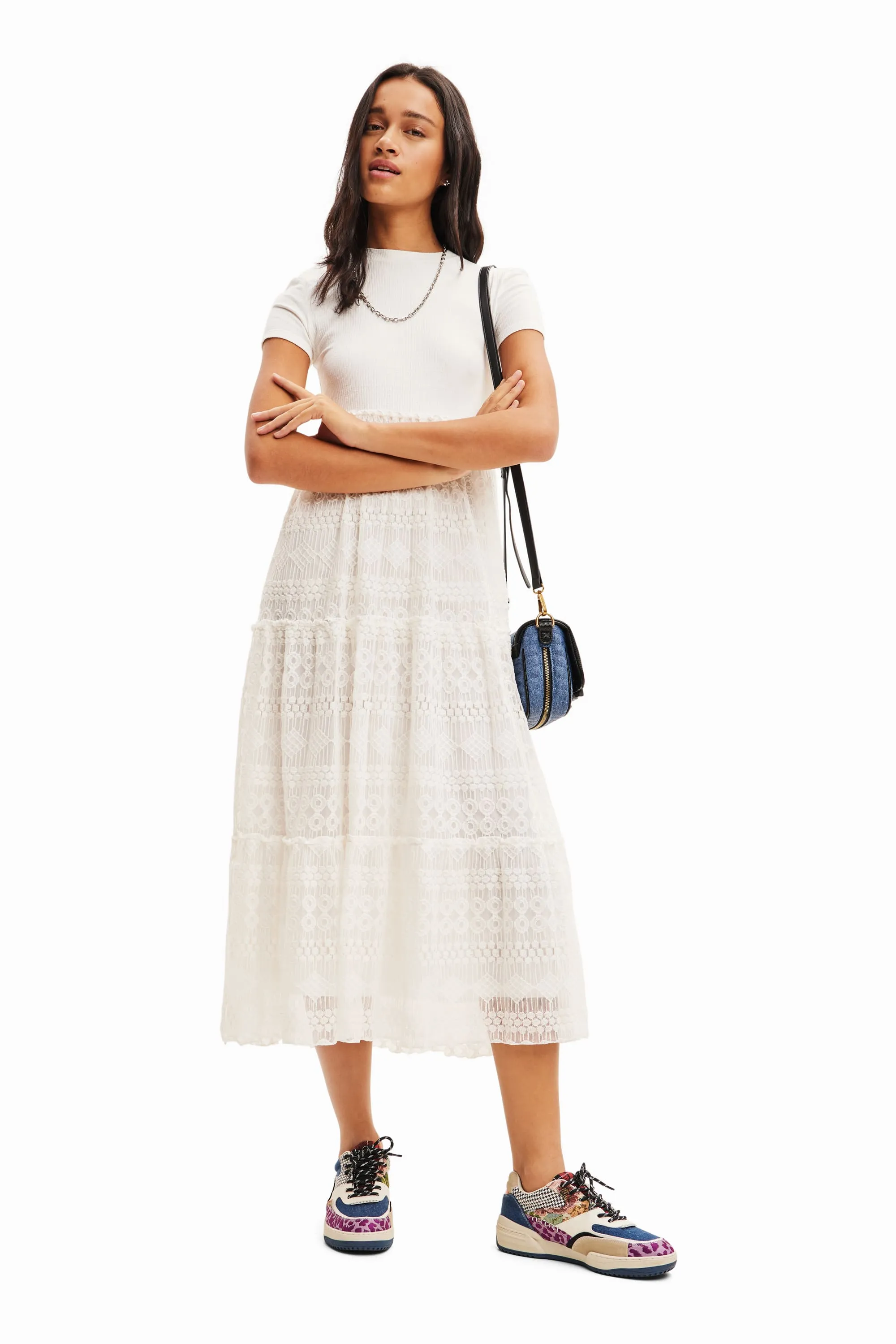 Desigual Darling White Maxi Dress with Lace Skirt 23WWVKA8
