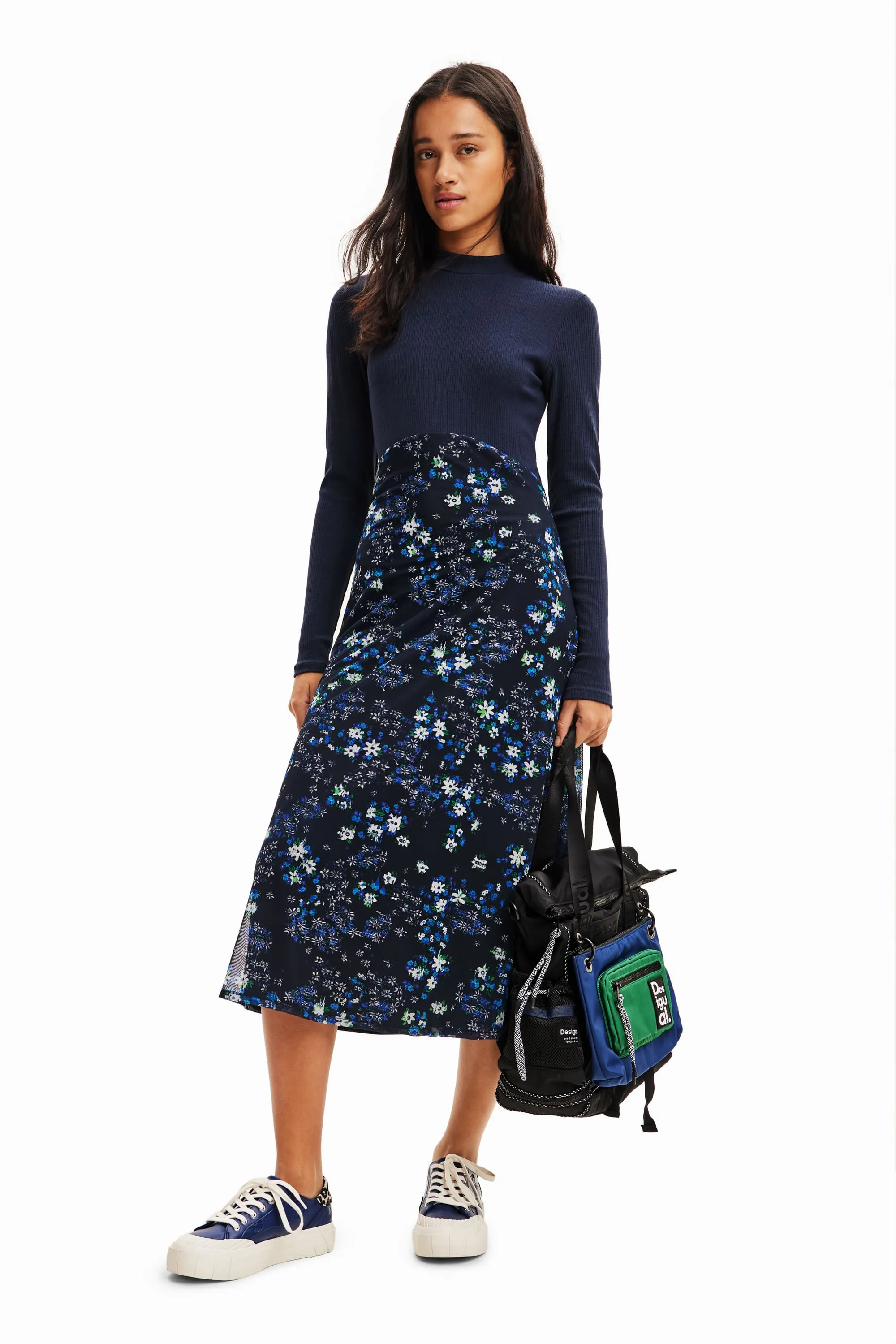 Desigual Michigan Navy Poloneck Top & Flared Midi Skirt Dress 23WWVK11