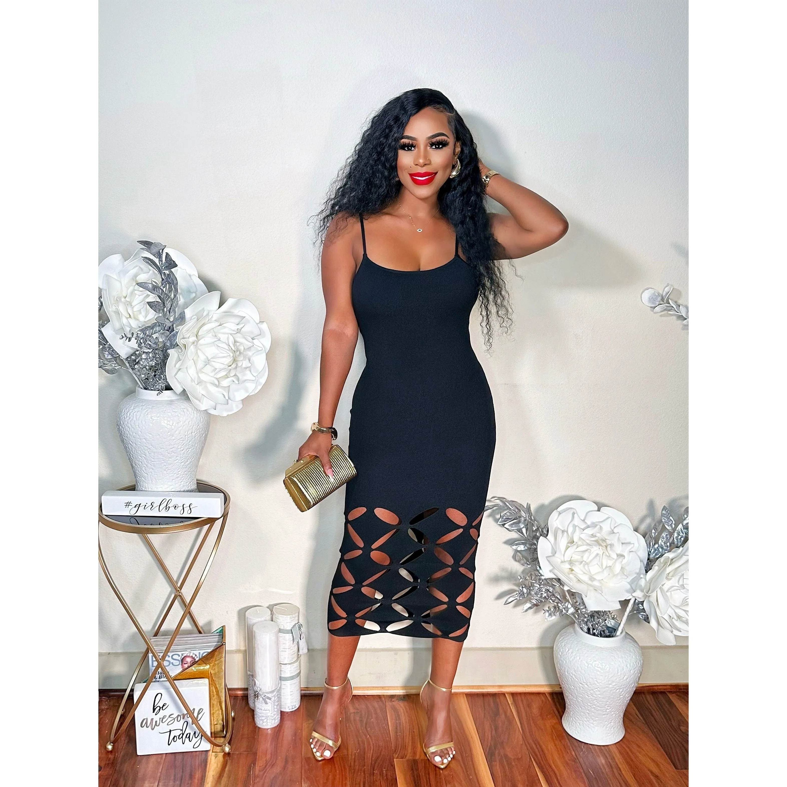 DIAMONDS ARE FOREVER MIDI DRESS (BLACK)