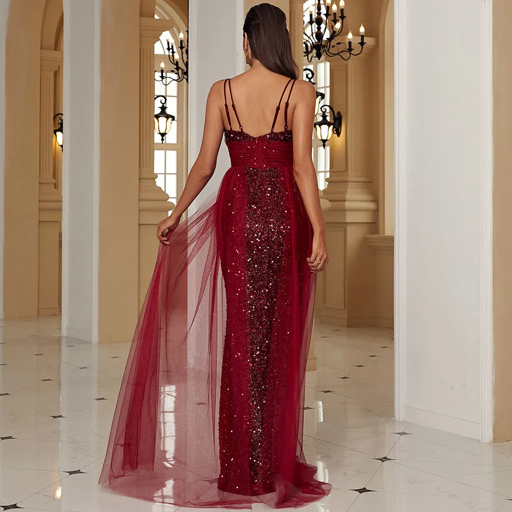 Elegant Sexy Sequined Lace Backless Evening Dress