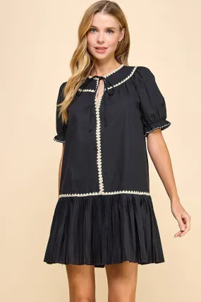 Embroidery Trim Split Neckline Dress - Black