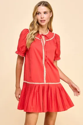 Embroidery Trim Split Neckline Dress - Red