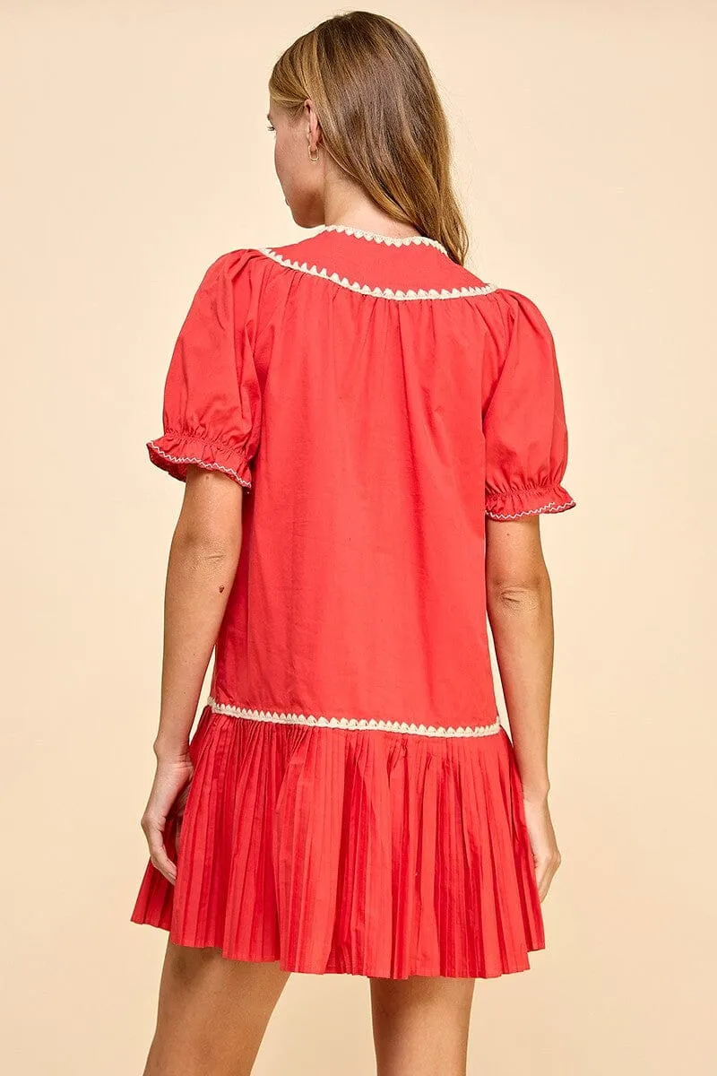 Embroidery Trim Split Neckline Dress - Red