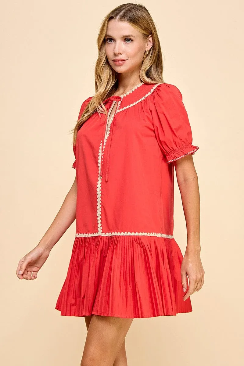 Embroidery Trim Split Neckline Dress - Red