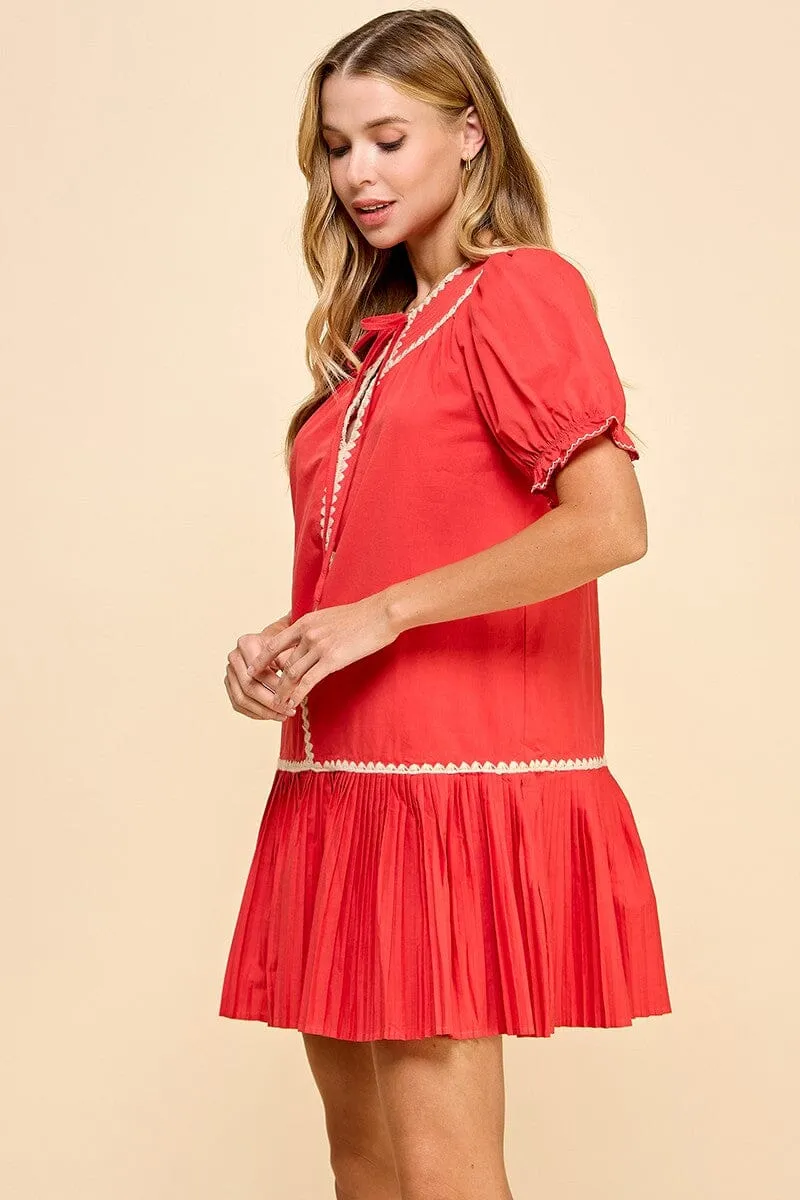 Embroidery Trim Split Neckline Dress - Red