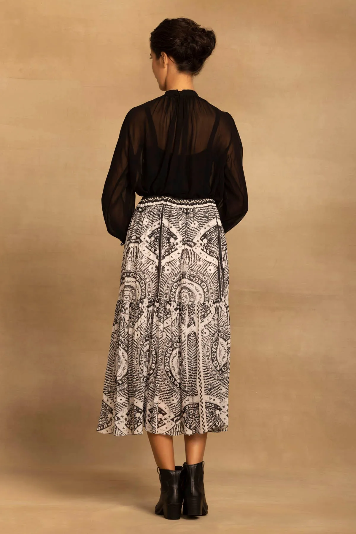 Ethnic Print Tiered Midi Skirt
