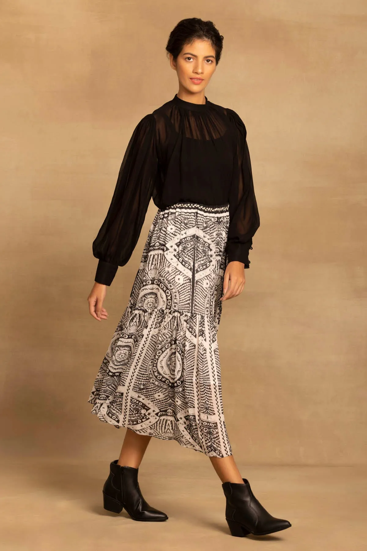 Ethnic Print Tiered Midi Skirt