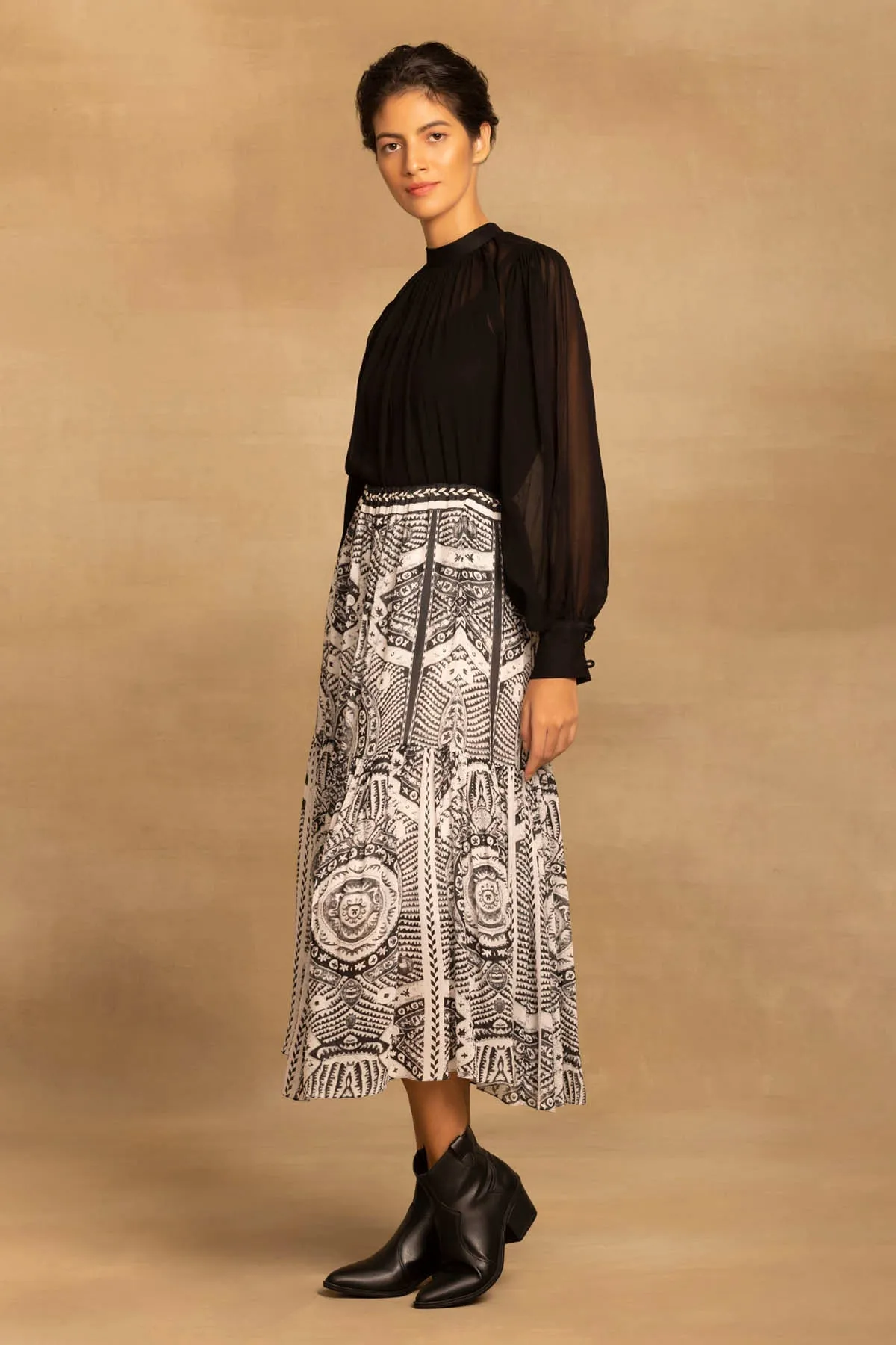 Ethnic Print Tiered Midi Skirt