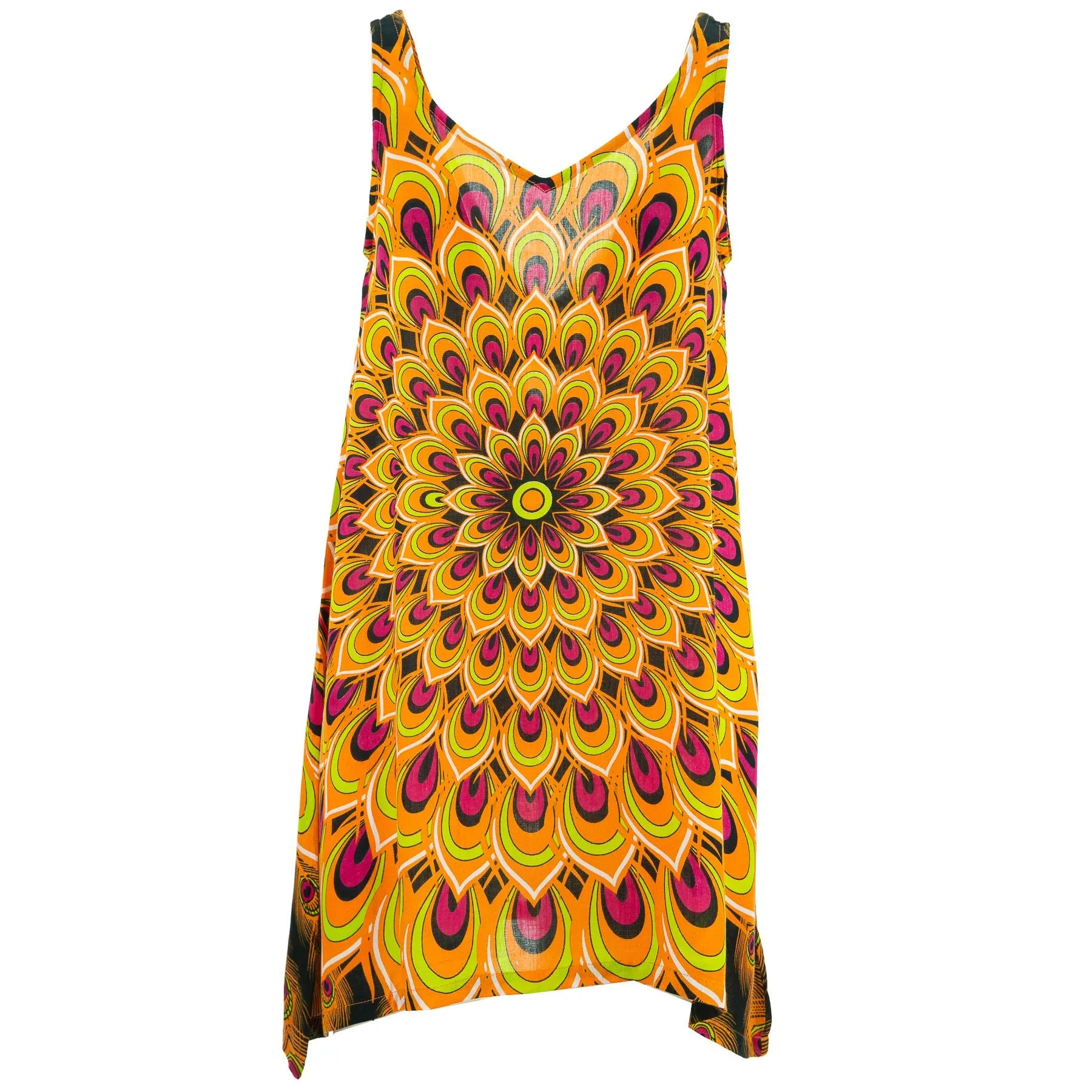 Floaty Asymmetrical Summer Dress  - Peacock Mandala Orange Red