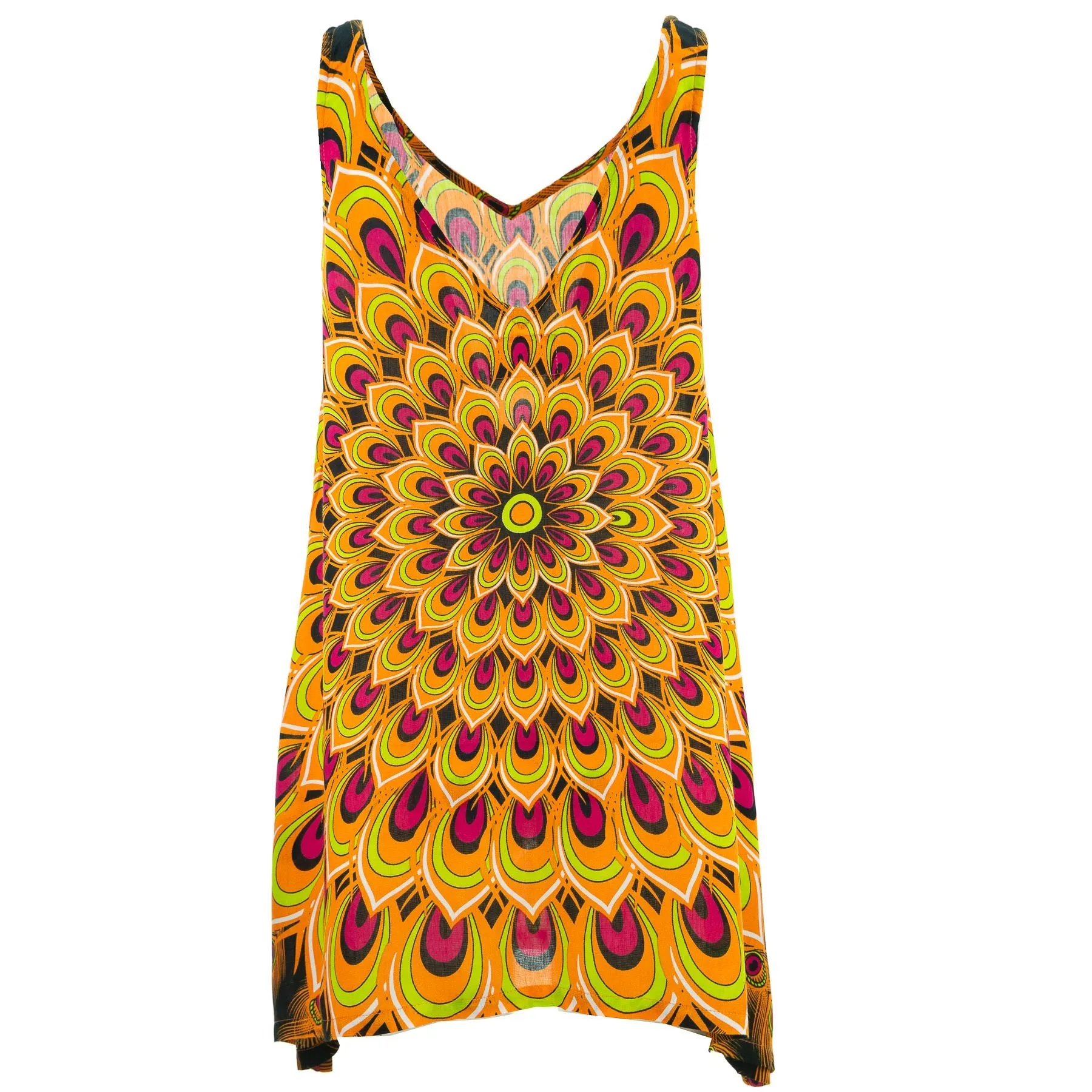 Floaty Asymmetrical Summer Dress  - Peacock Mandala Orange Red