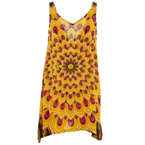 Floaty Asymmetrical Summer Dress  - Peacock Mandala Orange Red
