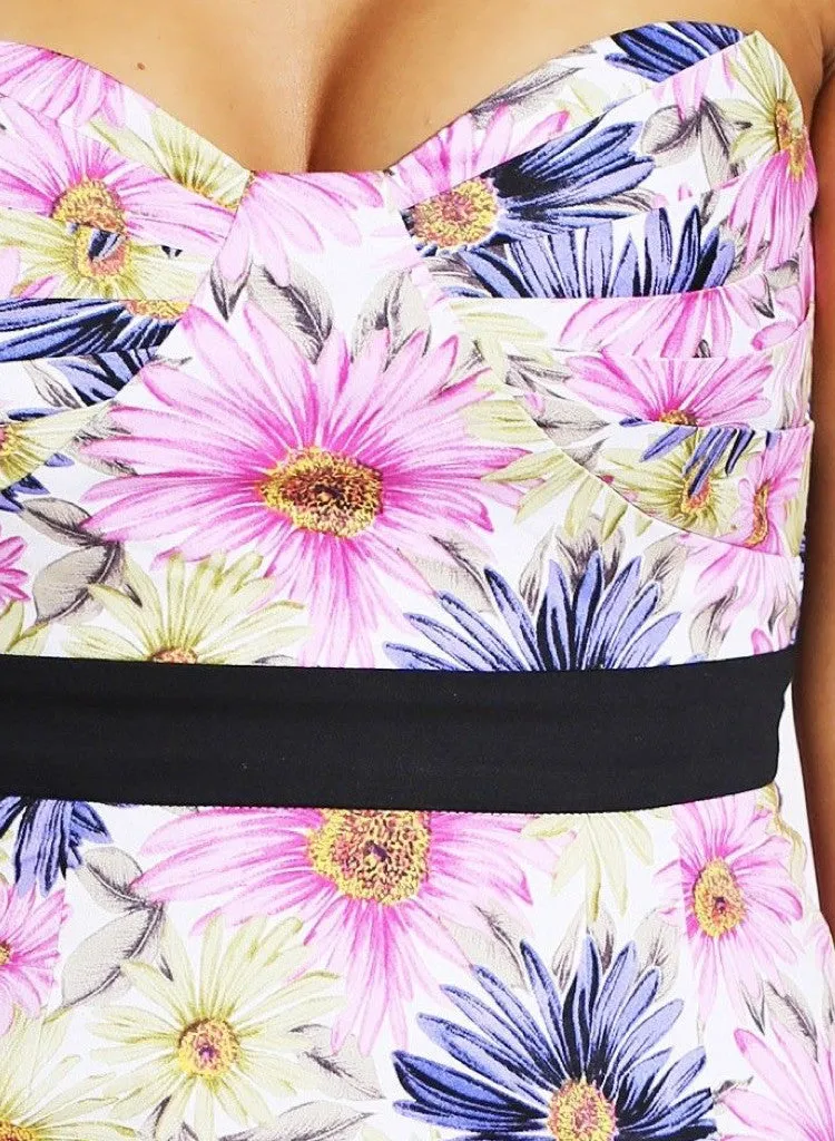 Floral Pleated Bust Cocktail Pencil Party Mini Dress