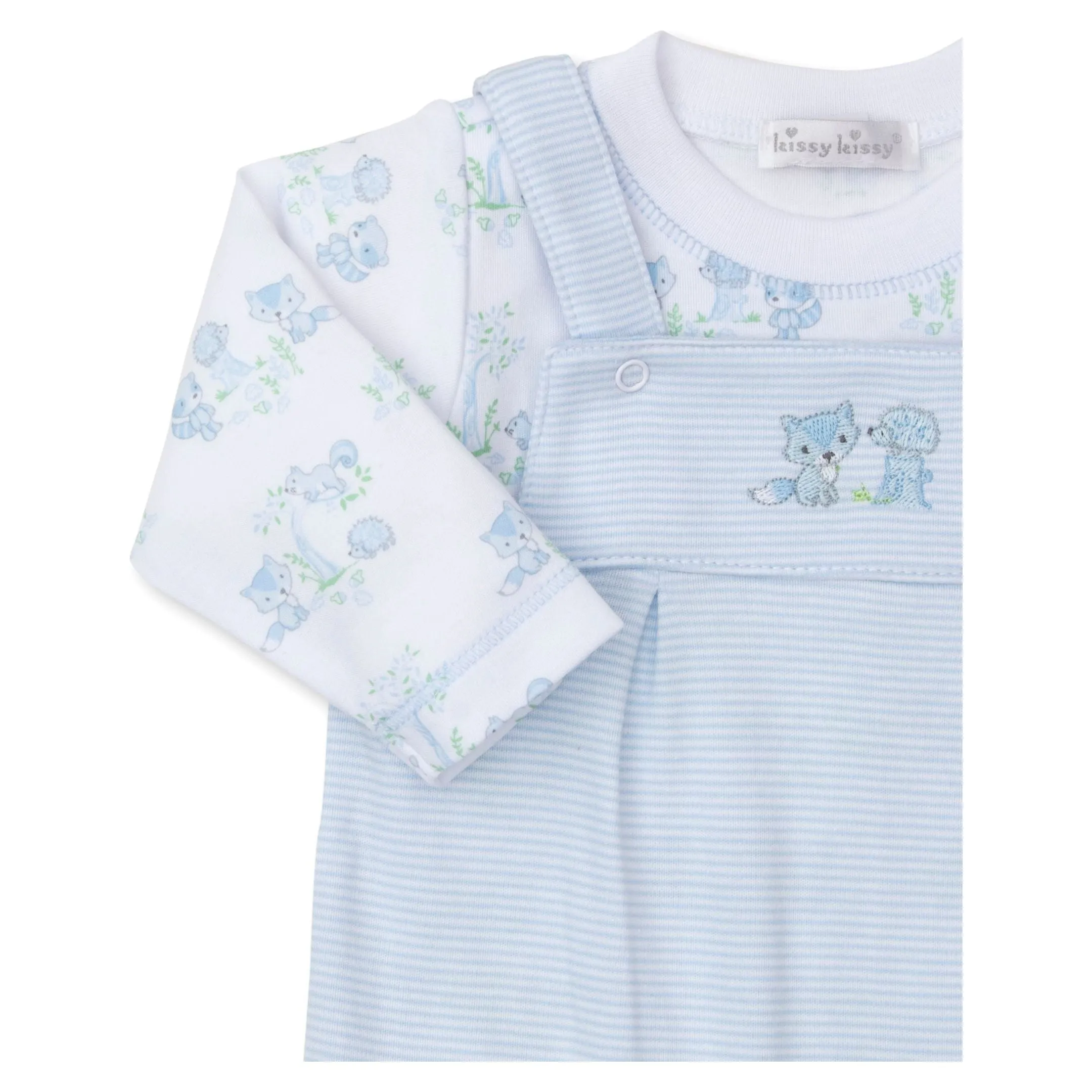 Forest Fun Embroidered Overall Set in Blue Stripe