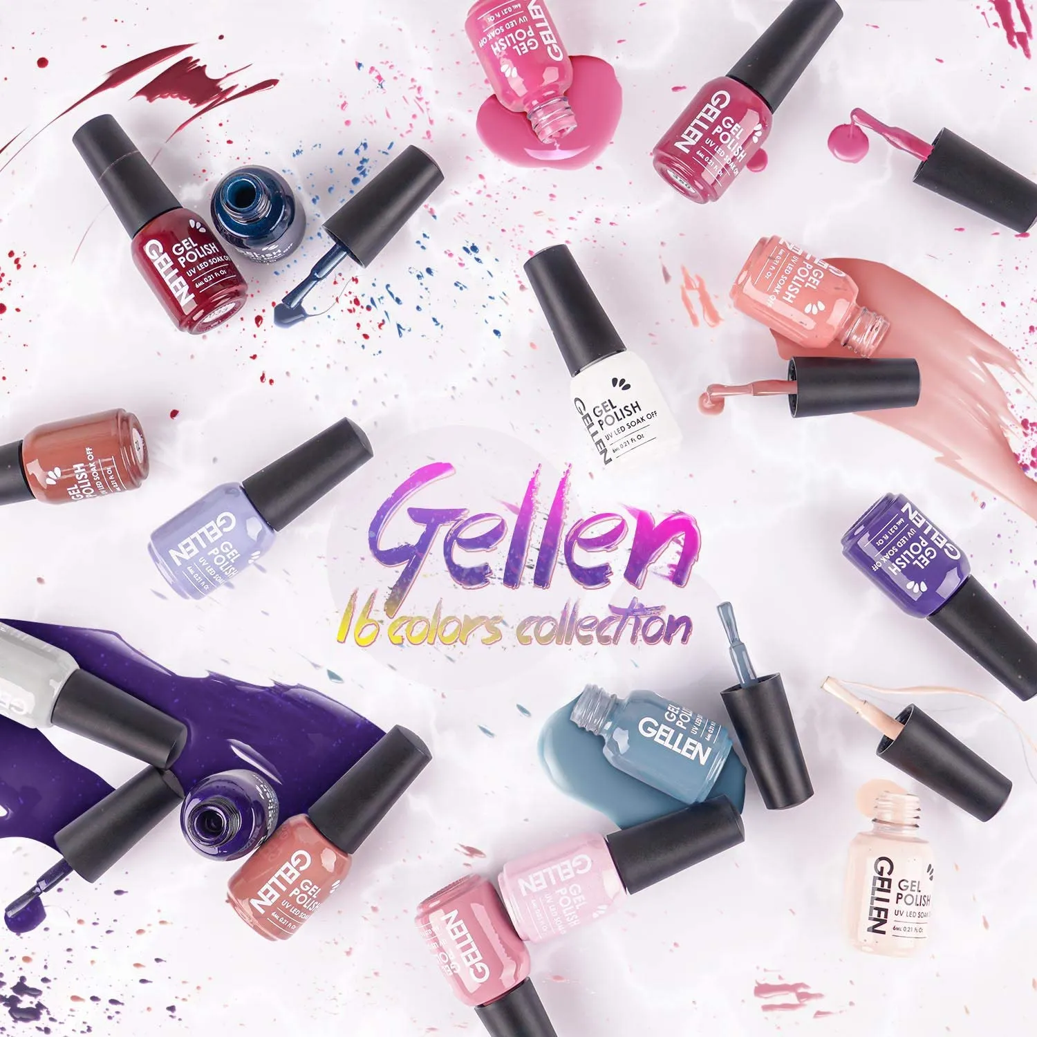 Gellen Gel Nail Polish Kit 16 Colors With Top Base Coat - Popular Nude Grays Nail Gel Collection, Solid Sparkles Glitters UV Pastel Fall Winter Nail Gel Colors Manicure Set