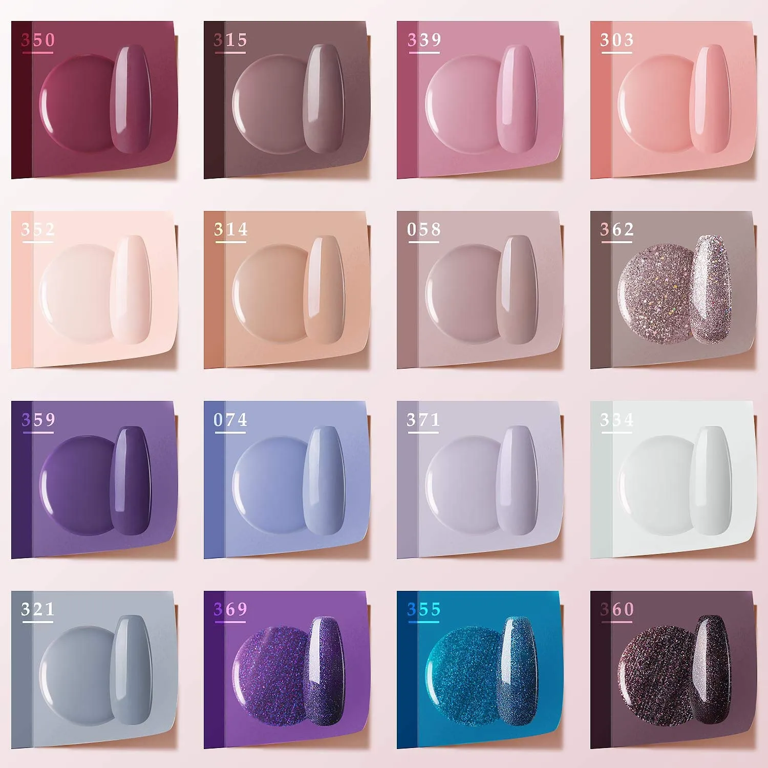 Gellen Gel Nail Polish Kit 16 Colors With Top Base Coat - Popular Nude Grays Nail Gel Collection, Solid Sparkles Glitters UV Pastel Fall Winter Nail Gel Colors Manicure Set